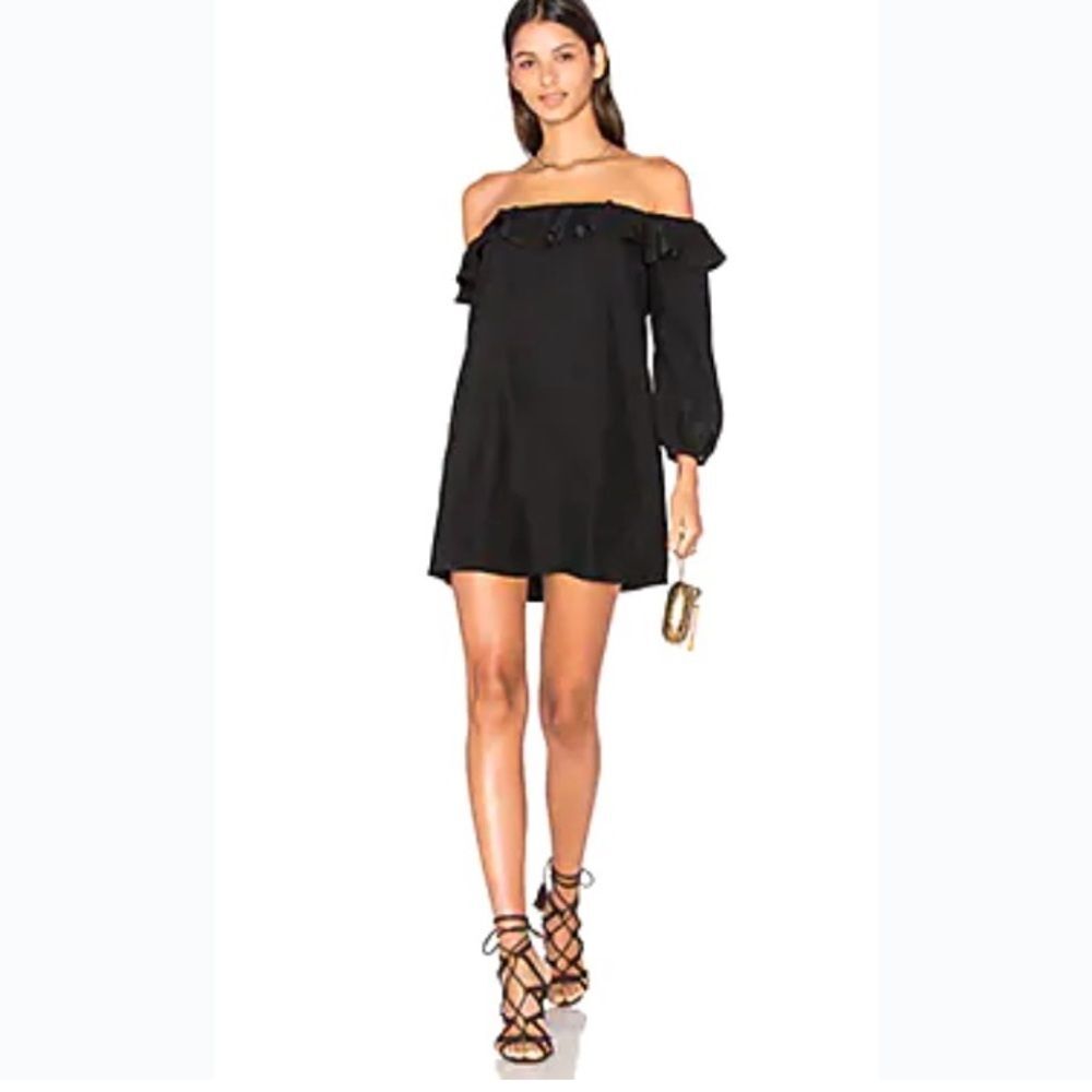 Revolve x Amanda Uprichard Joanna Dress Black Off Shoulder Ruffle Short Size SP